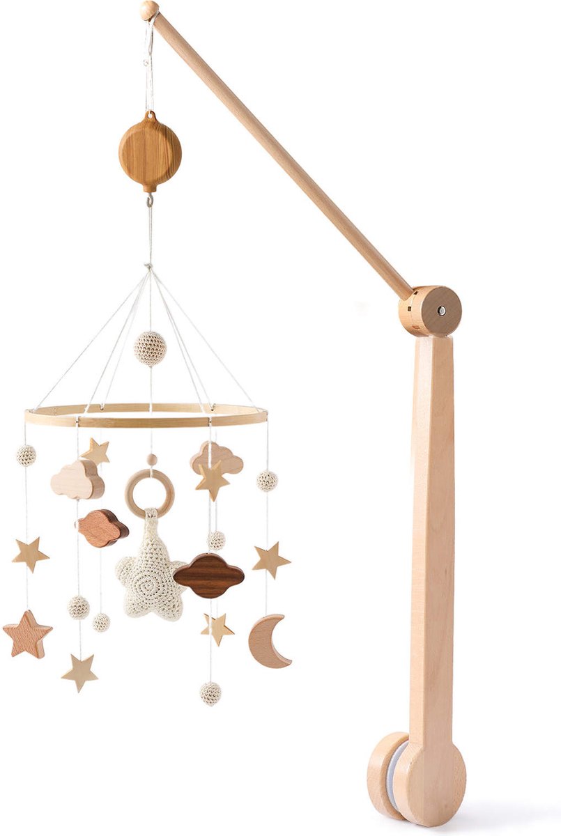 Boxmobiel Sterren + Luxe 360° Verstelbaar Houten Mobiel Houder + Muziekmobiel - Babymobiel – Babyshower Cadeau Baby Mobiel – Wieg Mobiel – Kraamcadeau