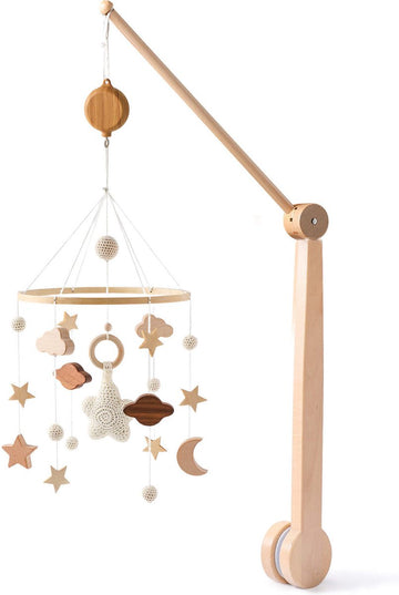 Boxmobiel Sterren + Luxe 360° Verstelbaar Houten Mobiel Houder + Muziekmobiel - Babymobiel – Babyshower Cadeau Baby Mobiel – Wieg Mobiel – Kraamcadeau