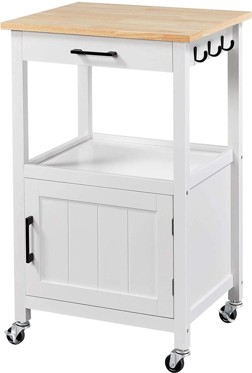 Keukenwagen op wielen, serveerwagen met kast en plank, werkblad van hout, rolwagen 55 x 45 x 89 cm, keukentrolley in landelijke stijl, wit