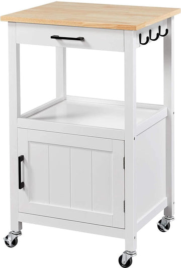 Keukenwagen op wielen, serveerwagen met kast en plank, werkblad van hout, rolwagen 55 x 45 x 89 cm, keukentrolley in landelijke stijl, wit