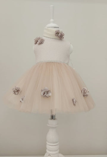 luxe feestjurk met haarband-moderne jurk voor meisjes - baby's- galajurk-vintage jurk-effen feestjurk-tutu rok-bruiloft-fotoshoot-verjaardag-doopsel-steentjes-bloemen-licht lila kleur-katoen- 9 tem 12 maanden maat 74-80