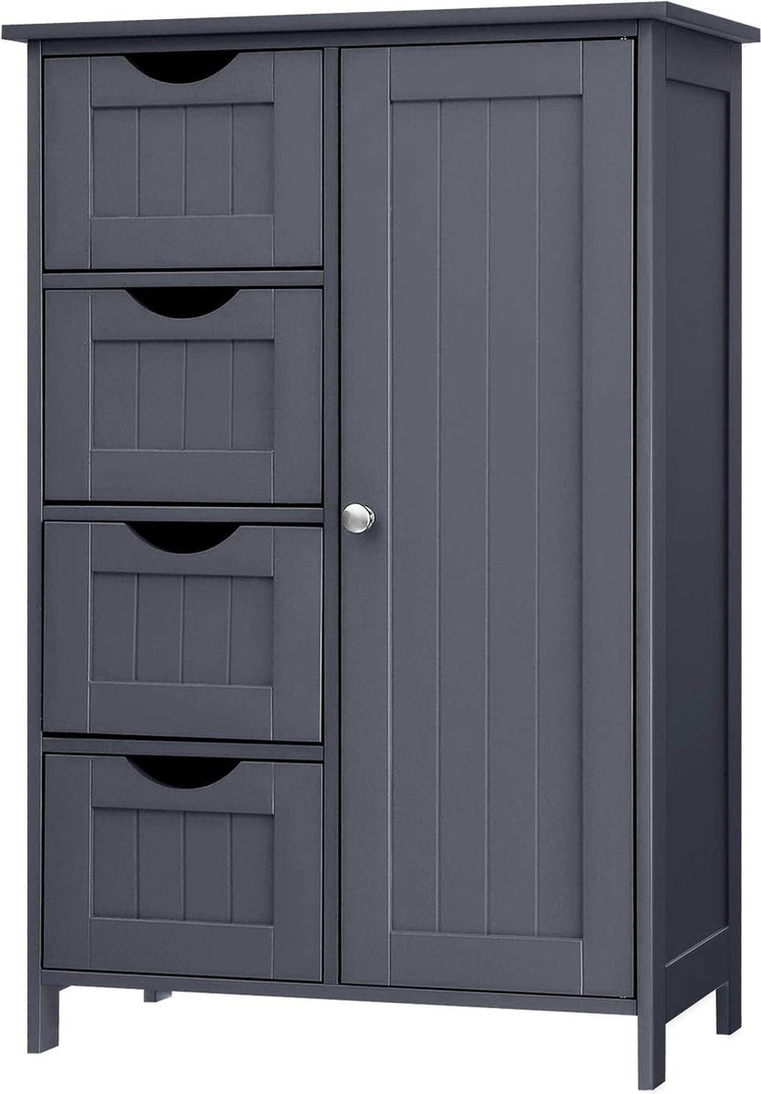 Dressoir badkamerkast, badkamerkast van hout bijzetkast commode met 4 laden, kastdeur, verstelbare plankvlak, woonkamer, keuken, hal, diep, vrijstaand, grijs LHC41GY