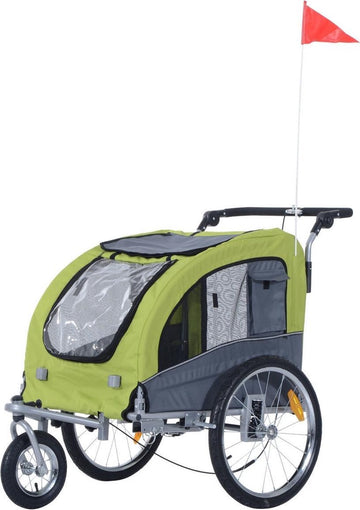 Hondenfietskar - Fietskar -Hondenaanhanger - Buggyfunctie -Geveerd en geremd - Groen/Grijs - 130 x 90 x 110