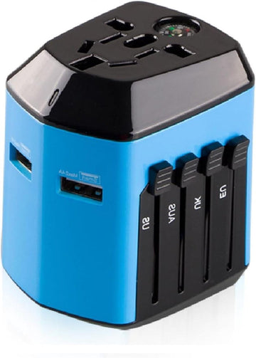Universele reisadapter met 2 USB-poorten voor 180 landen UK/EU/US/AU - huisvorm blauw