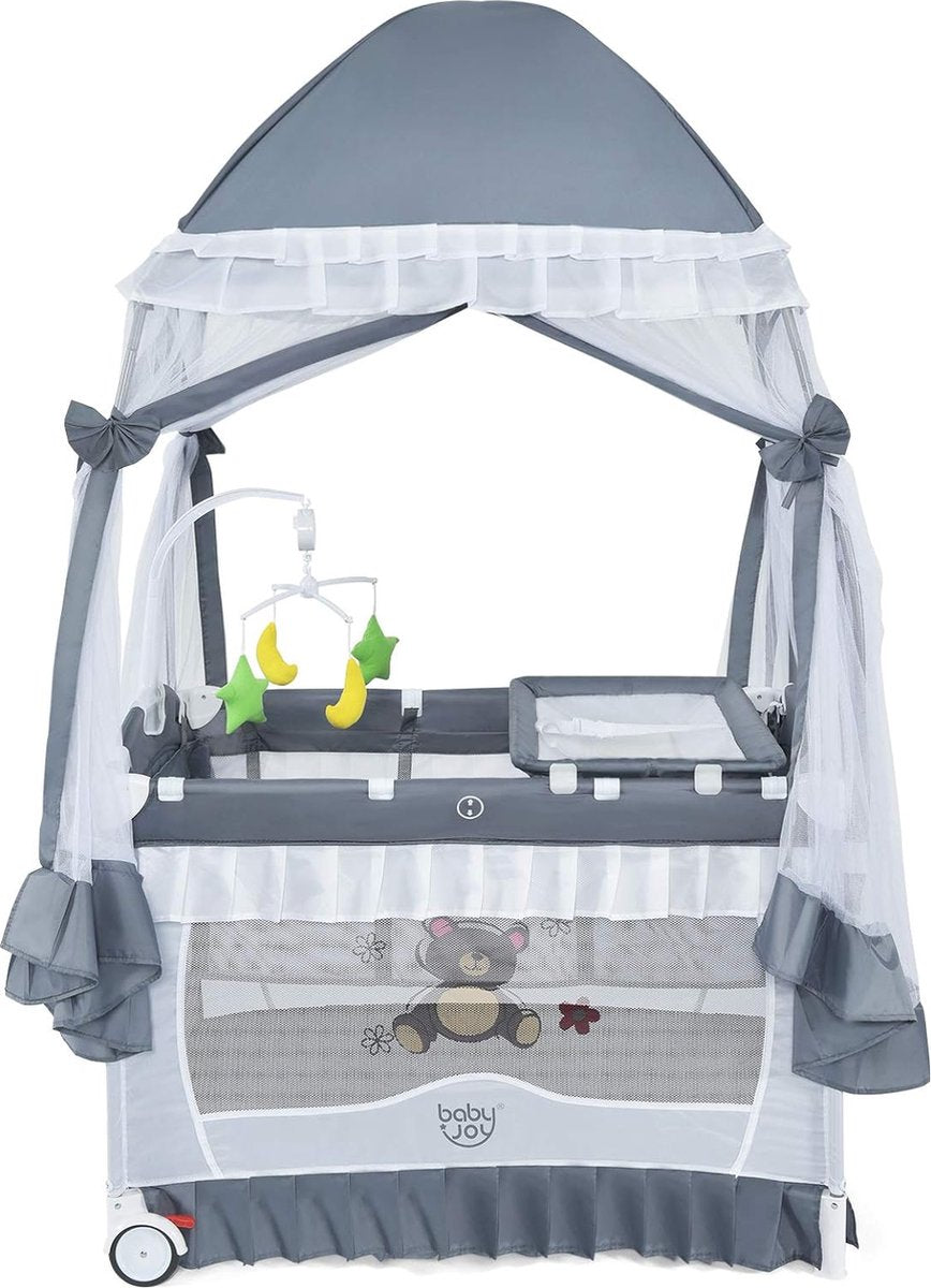 Kinderreisbed, opvouwbaar, reisbed, inklapbaar met speelgoed en muggennet en muziek, mobiel babybed met draagtas, kinderbed, klapbed voor kinderkamer, reisbed baby (grijs)