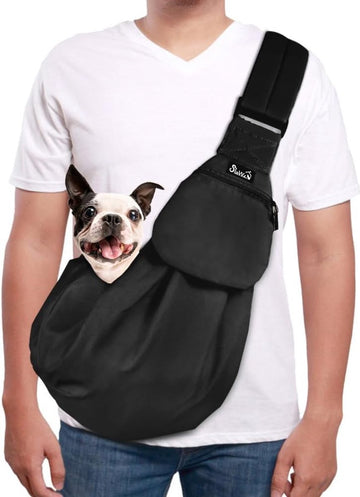 Draagdoek voor hond, huisdier, handslinger, schoudertas, verstelbare gevoerde schouderriem met voorzak, hondendraagzak, Metro Outdoor (zwart, voor huisdieren 2,2 - 5 kg)