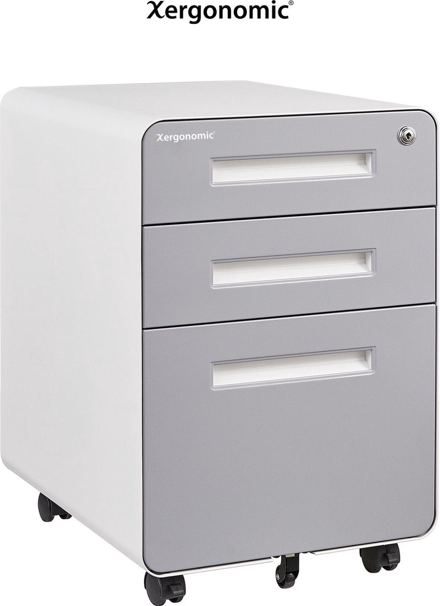 Xergonomic Gemini Commode – 40 x 45 x 58 cm – Verrijdbaar Ladeblok Bureau – Bureau organizer – Bureau accessoires – Ladeblok 3 lades – Archiefkast – Bureaukast – Kantoorkast – Dossierkast – Opbergkast met Wielen – Wit met Grijs