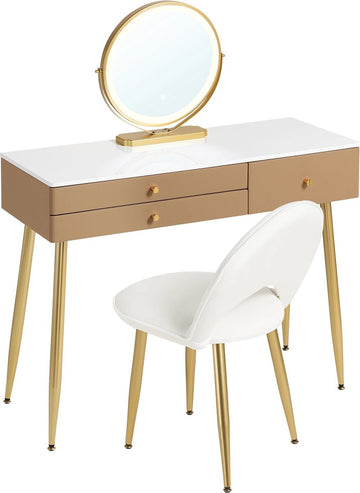 Decotopia - Kaptafel - Make-up Tafel - Set - Met Spiegel - Met Verlichting - Met Stoel - Khaki