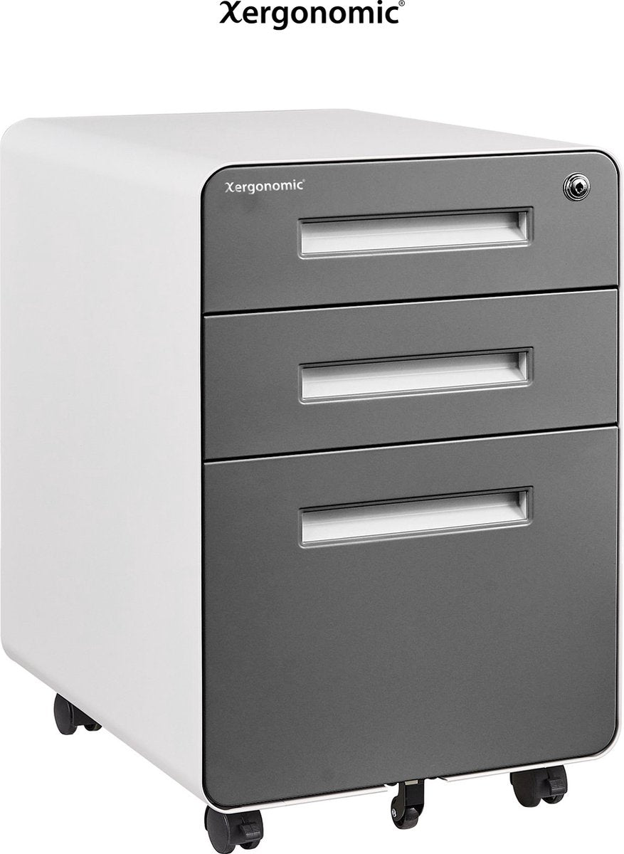 Xergonomic Bane Commode – 40 x 45 x 58 cm – Verrijdbaar Ladeblok Bureau – Bureau organizer – Bureau accessoires – Ladeblok 3 lades – Archiefkast – Bureaukast – Kantoorkast – Dossierkast – Opbergkast met Wielen – Wit met Donkergrijs