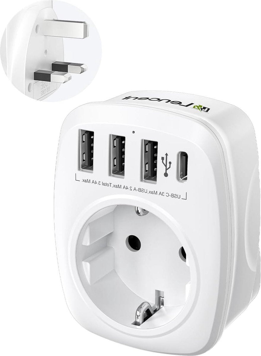 Universele Stekker EU - Reisadapter Type G - Internationale Reisstekkeradapter 5-in-1 - EU Reisstekker Stroomadapter met 3 USB - Reisadapter UK naar EU