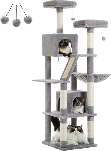 Nique Krabpaal - Krabpaal voor grote en kleine katten - 180cm hoog – 6 vloers - Pluche - Sisal Krabpaal - Zitstokken en Hangmat - Licht Grijs