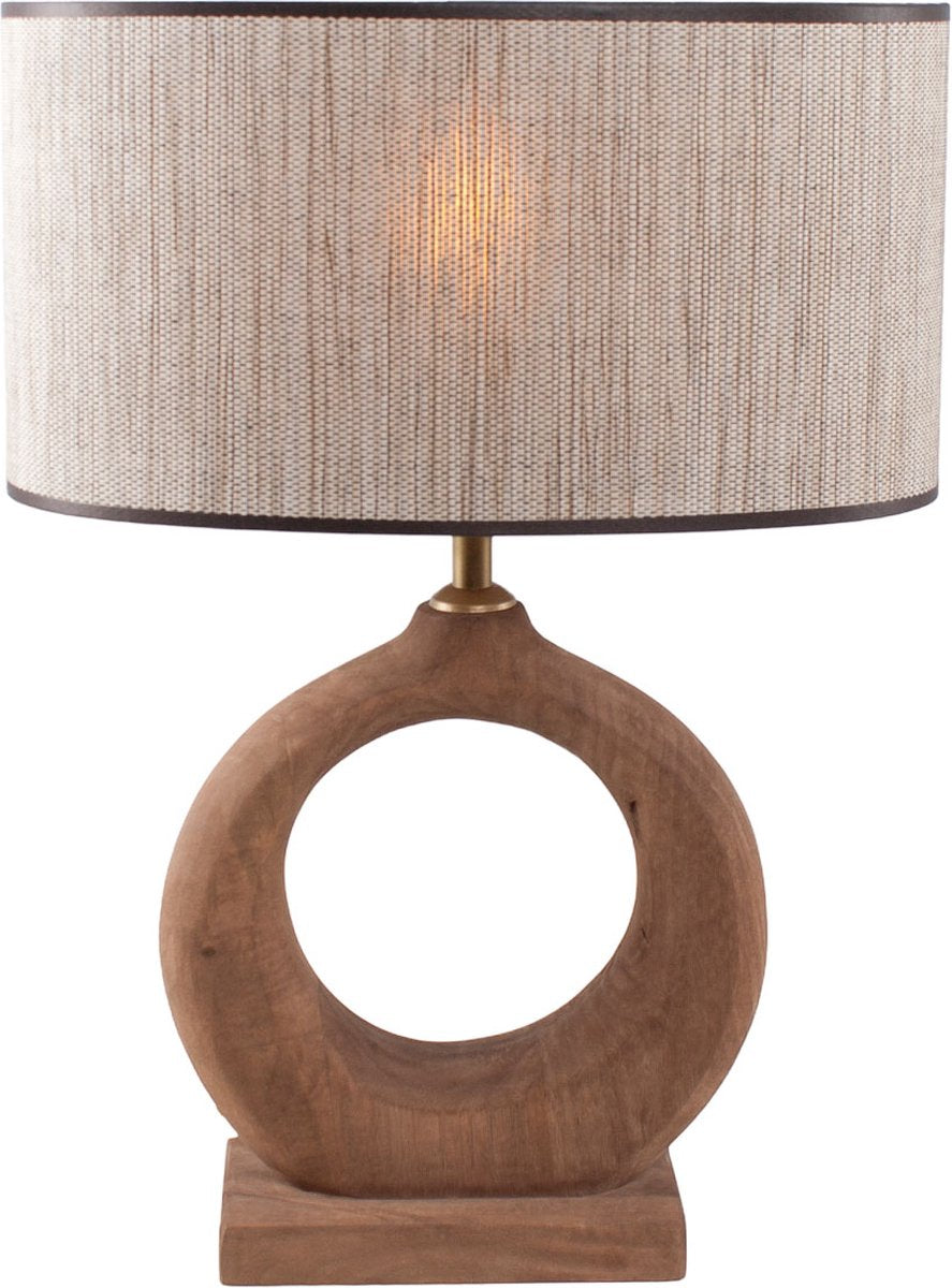 Landelijke houten tafellamp naturel | raffia ovale kap 35 cm lichtbruin / beige | 1 lichts organisch | hout / stof | kap Ø 35 cm | 48 cm hoog | klassiek / landelijk / sfeervol design / raffia kap / retro