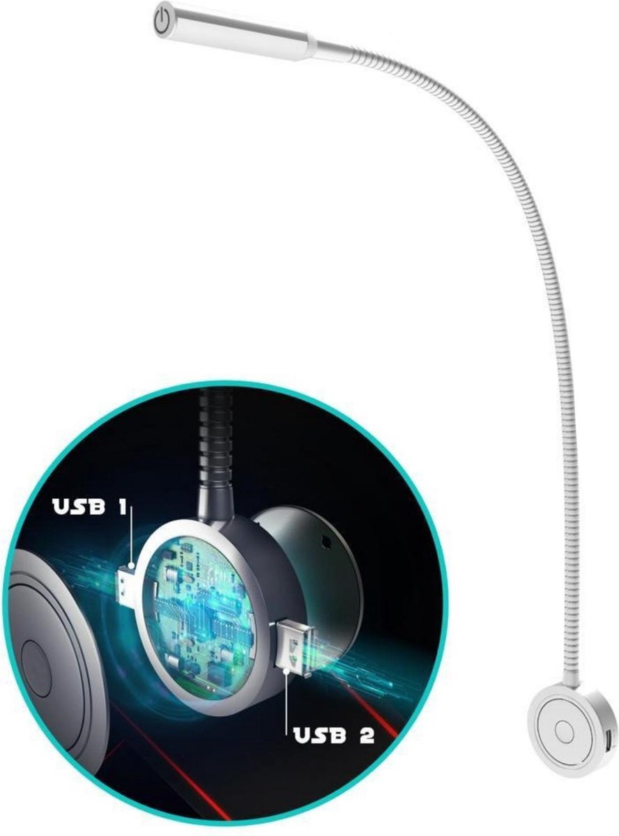 Bolt Electronics® BLLIQ2011 Leeslamp 1 stuk – Bedlamp met 2 USB's - Nachtlampje voor Volwassenen - Wandlamp met Dimfunctie - Kantelbaar - 360 °C rotatie - Verlichting - Zilver