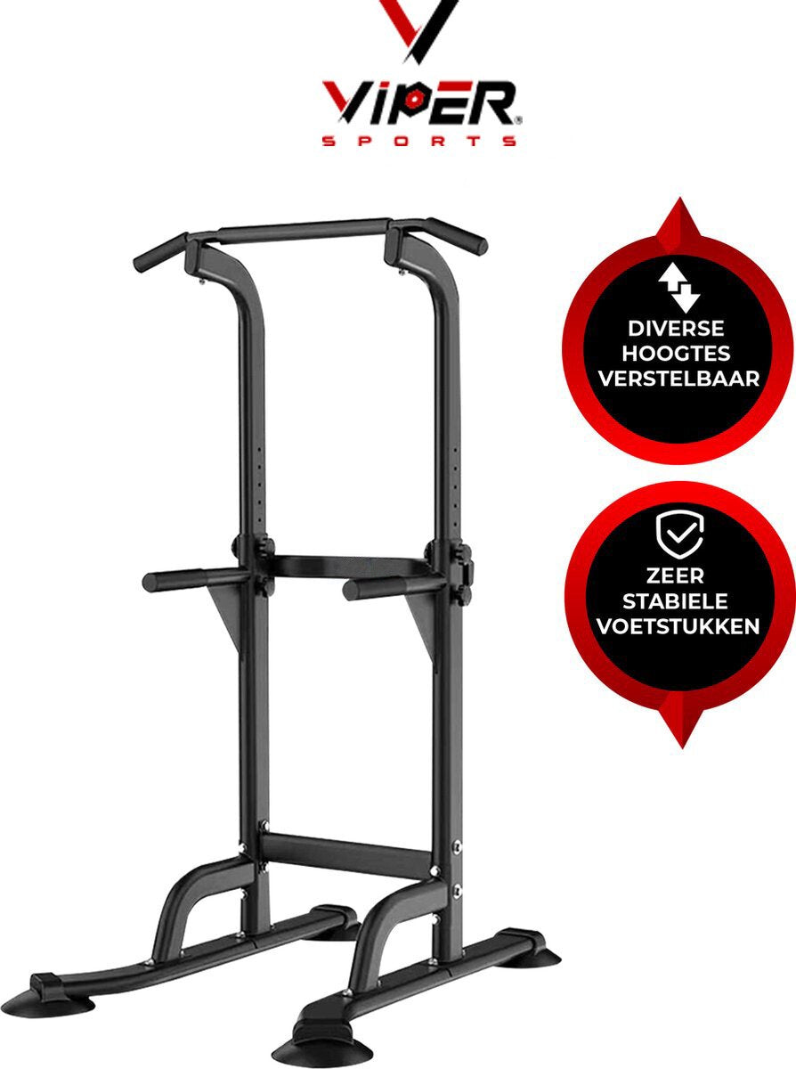 Viper Sports Krachtstation – Multifunctioneel trainingsrek – Power tower met Pull up bar – Fitness apparaat voor thuis – Krachttraining – Anti-slip handvaten – Sport Apparatuur – In hoogte verstelbaar – B75xL82xH165-210 cm – Zwart
