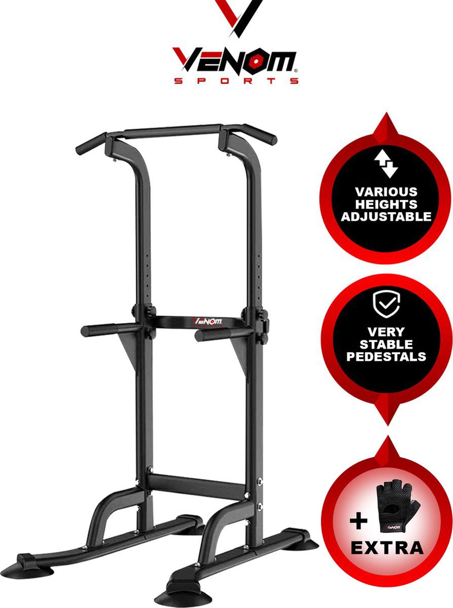 Venom Sports Krachtstation - Multifunctioneel trainingsrek - Power tower met Pull up bar – Fitness apparaat krachttraining – Anti-slip handvaten – Super stabiel – In hoogte verstelbaar – B75xL82xH165-210 cm – Zwart