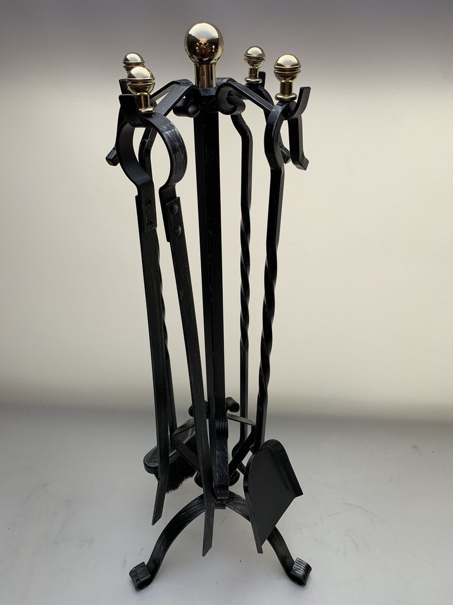 Haardstel 4-delig - haardset - smeedijzer - messing bollen - zwart gepatineerd