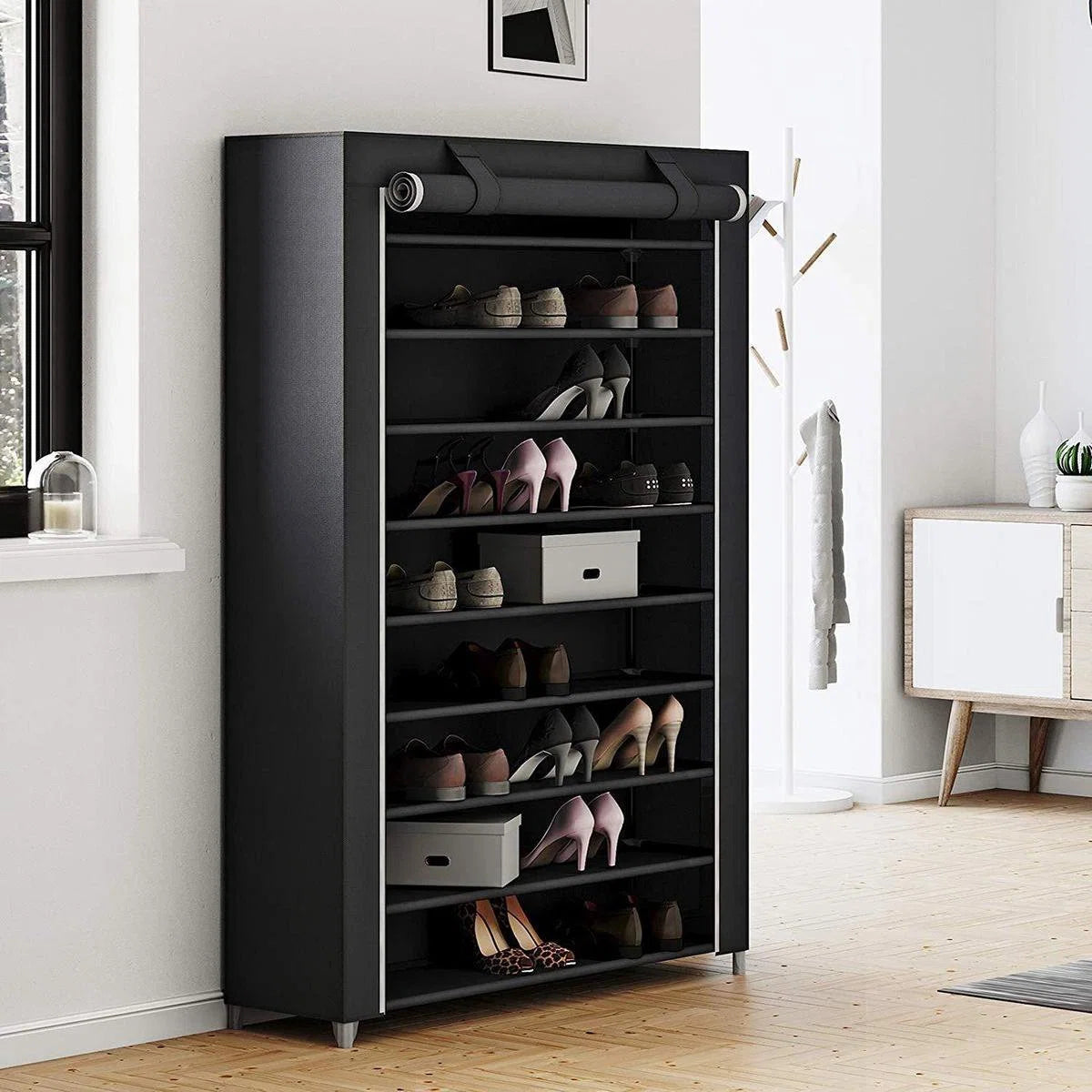 SM1Z XXXL - Opvouwbare Schoenenkast - 10 niveaus - Stoffen Kledingkast - Kleerkast - Opbergkast - Zwart - 100 x 28 x 164 cm