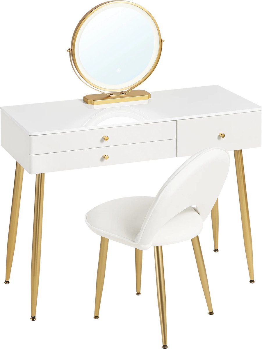 Make-up Tafel - Kaptafel - Dressoir - Luxe Kaptafel - Moderne look - Wit Roze Goud - Met krukje - Incl. Stoel - Incl. Spiegel