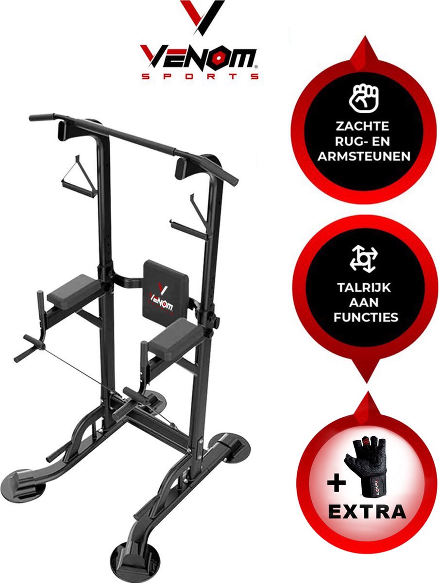 Venom Sports Krachtstation - Multifunctioneel trainingsrek - Power tower met Pull up bar – Fitness apparaat krachttraining – Anti-slip handvaten – Super stabiel – In hoogte verstelbaar – B97xL90xH155-230 cm – Zwart