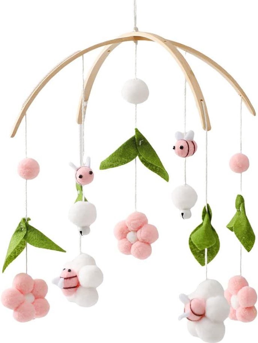 Baby mobiel met muziek vilten ballen bloemen - Mobiele baby windgong 3D bloemen - Mobiel baby hout vilten ballen - Baby mobiel met muziek meisje bedbel - Mobiel baby jongens meisjes kinderbed decoratie. baby mobiel met muziek