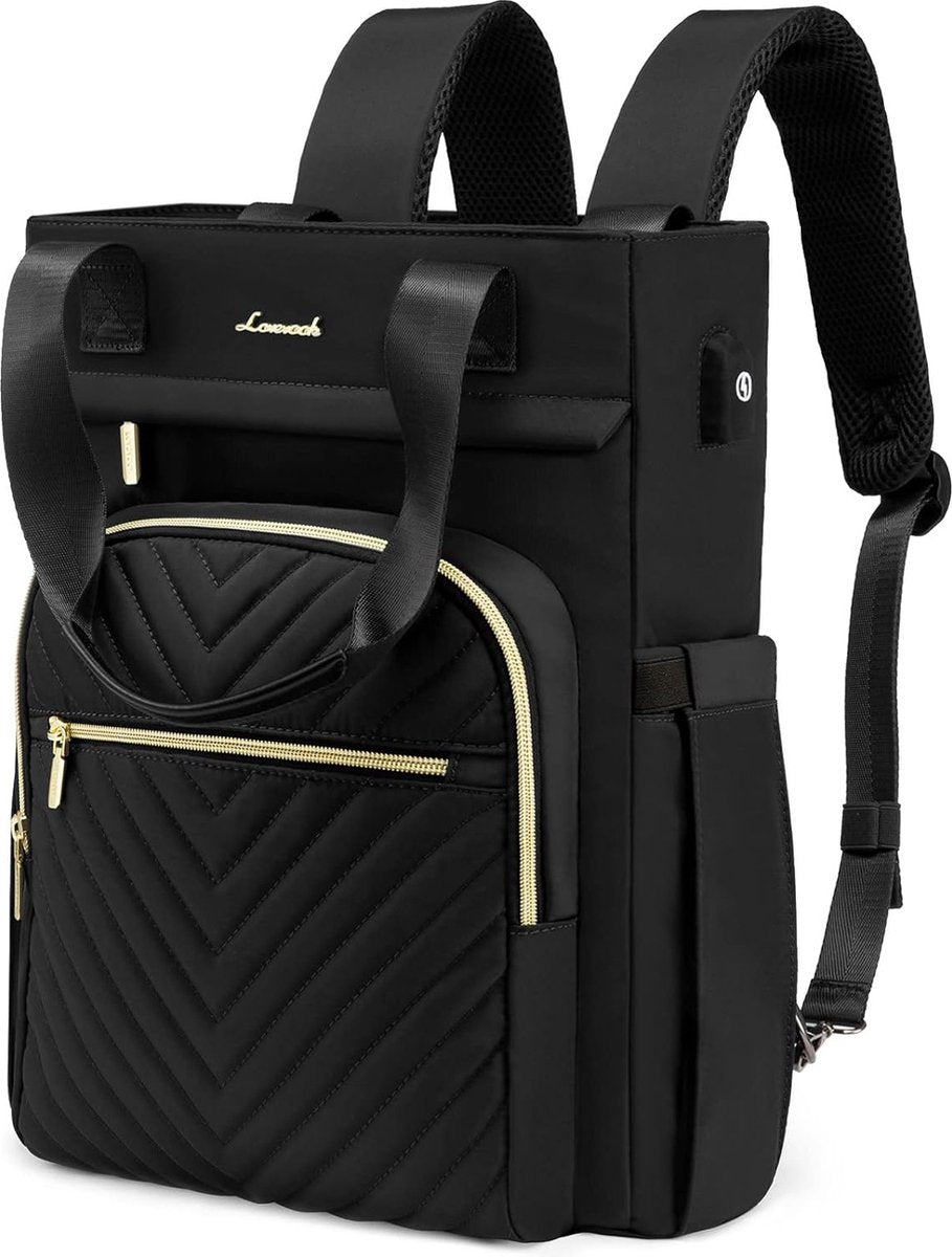 Laptoptas 15.6 inch - Zwart - USB oplaadpoort - Laptop rugzak - 33 x 16 x 41 cm - Waterbestendig - Laptoprugtas 15,6 inch - Anti diefstal vak - Handtas met gouden details