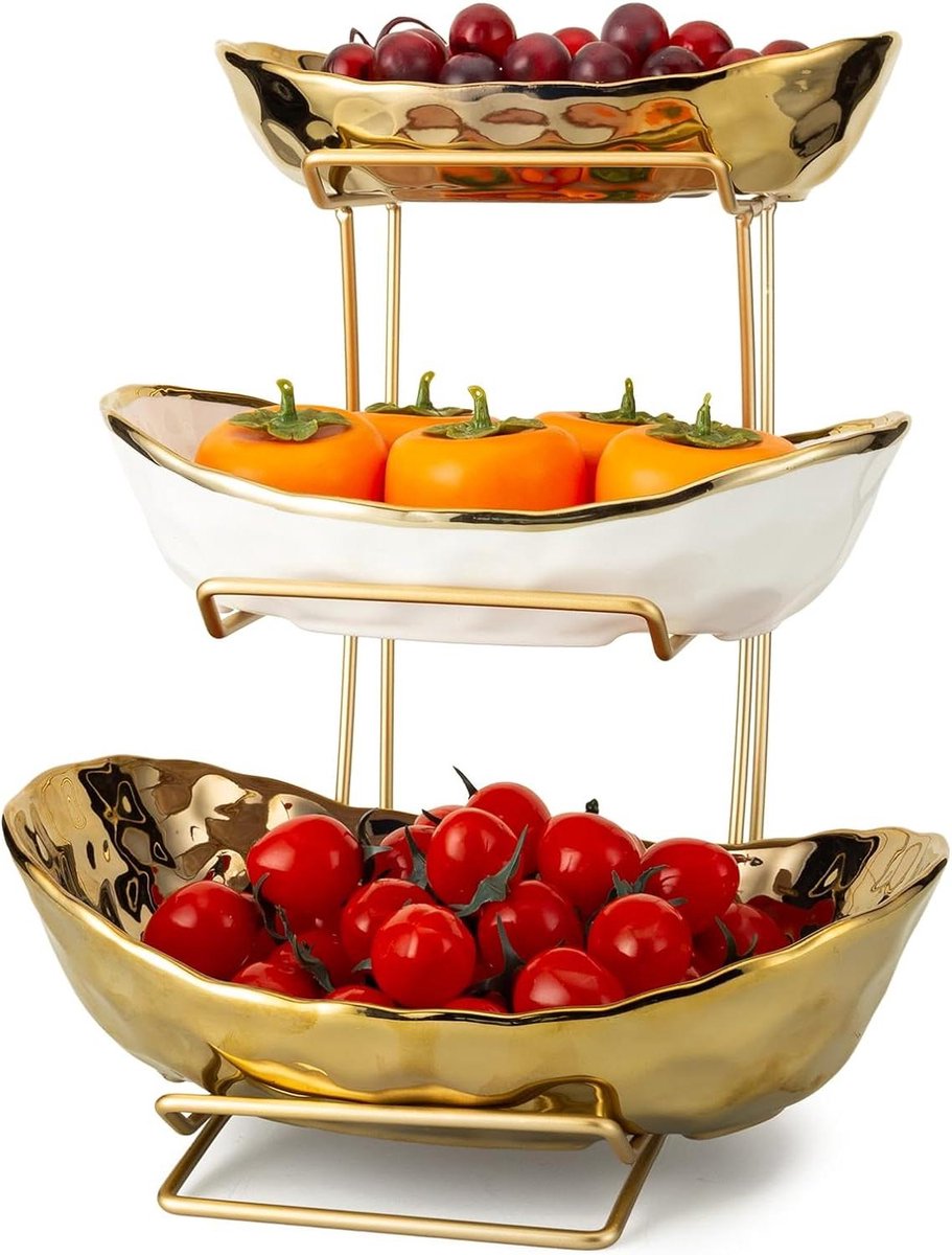 Keramische fruitkommen met 3 niveaus metalen rek - fruitmand keramiek - ovale gelaagde keramische serveerschaalset - snoep snacknoten cake dessert - feestrestaurant (goud)