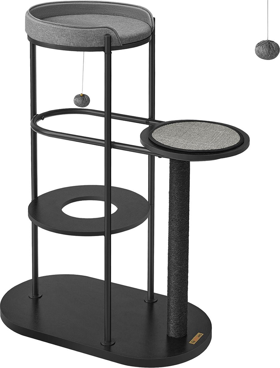 Krabpaal - modern kattenboom - metalen buizen - met kussen en platform - sisalstam - kattenspeelbal - voor kleine - grote - oude kat - klassiek zwart - 80 x 43 x 111 cm