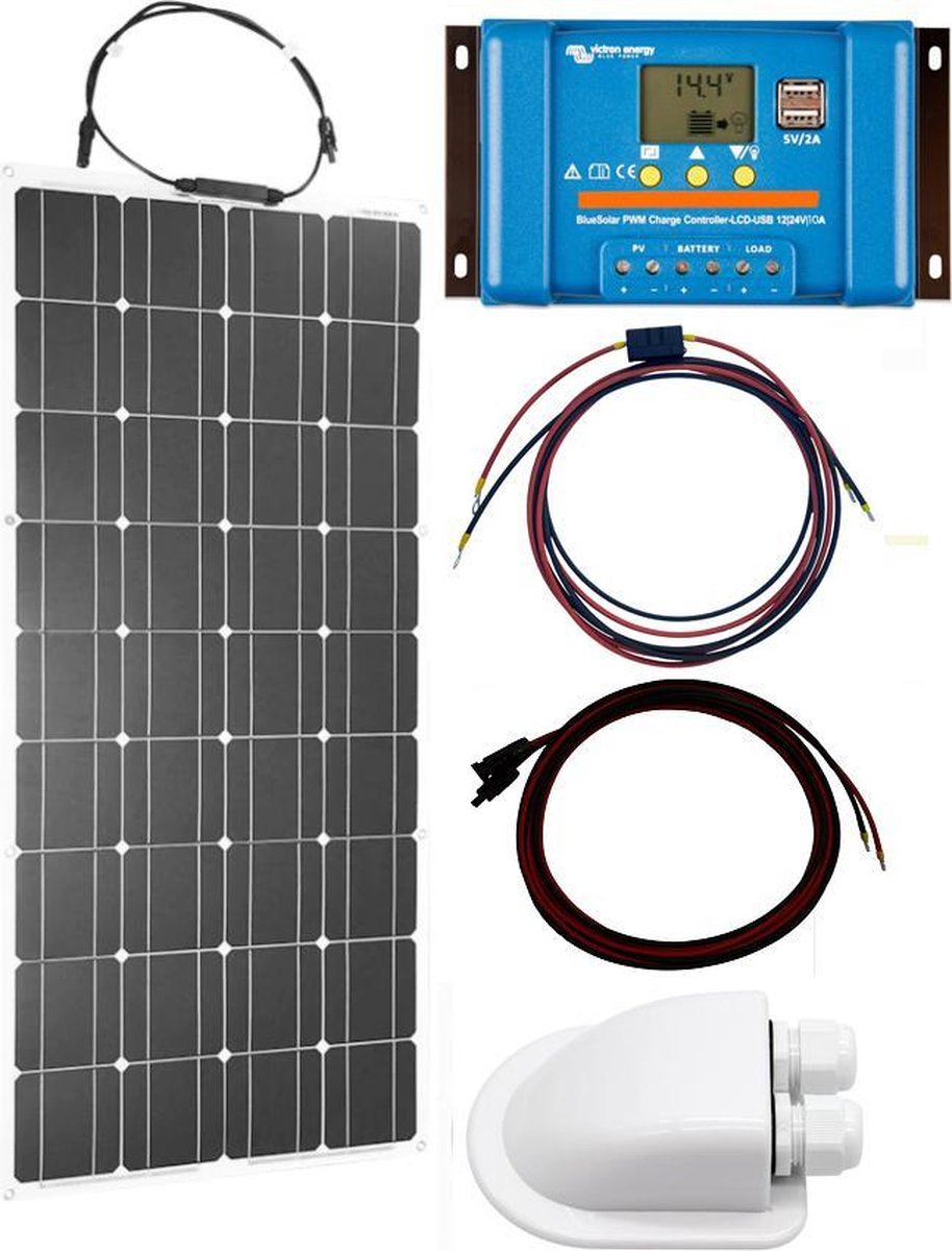 Set Flexibel Zonnepaneel 100Wp 12V Caravan, Camper, Boot, Tent of Tuinhuisje - Victron Energy BlueSolar PWM 10A LCD&USB laadregelaar - Zonnepaneel Compleet Pakket - Dakdoorvoer - Plug-Play set schematische tekening en handleiding-Monokristallijn
