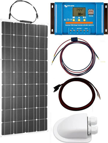 Set Flexibel Zonnepaneel 100Wp 12V Caravan, Camper, Boot, Tent of Tuinhuisje - Victron Energy BlueSolar PWM 10A LCD&USB laadregelaar - Zonnepaneel Compleet Pakket - Dakdoorvoer - Plug-Play set schematische tekening en handleiding-Monokristallijn