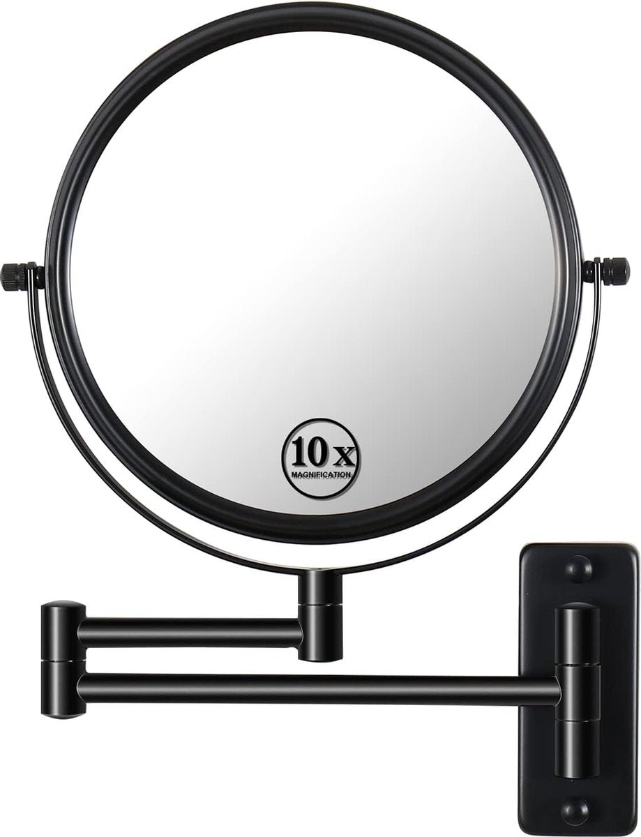 Make-upspiegel, 1 x / 10 x vergroting, diameter 20 cm, 360 graden, dubbelzijdig uittrekbare scheerspiegel, ronde arm, make-upspiegel voor badkamer, zwarte roestvrijstalen spiegel voor dames, meisjes