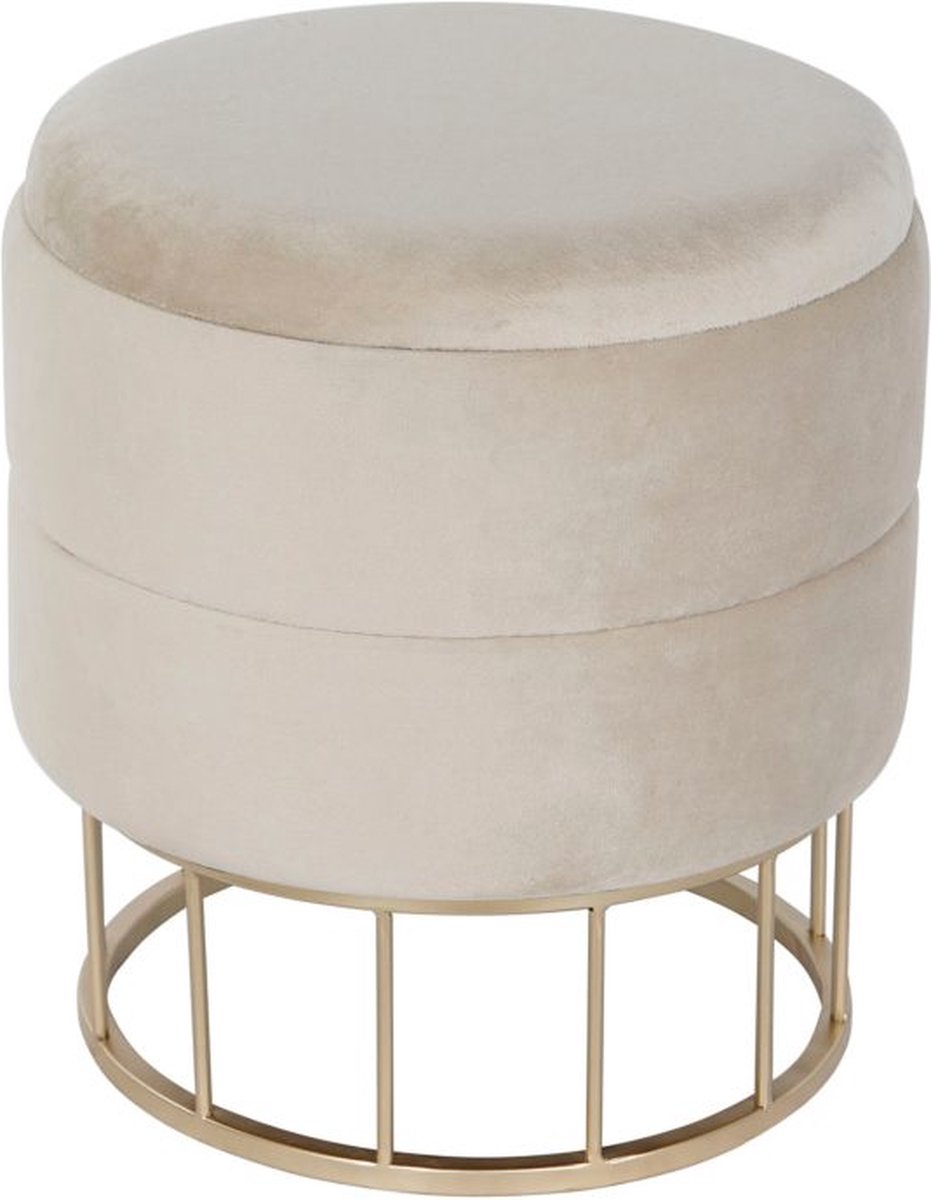 Velvet Poef Glamour Beige met Goudkleurige Onderstel met opbergruimte – Ø38 x H41 cm