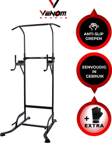 Venom Sports Krachtstation - Multifunctioneel trainingsrek - Power tower met Pull up bar – Fitness apparaat krachttraining – Anti-slip handvaten – Super stabiel – In hoogte verstelbaar – Zwart - 105x86x223cm
