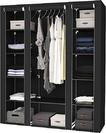 Eleganca Opvouwbare Kledingkast – L143 x B44 x H169 cm – Legkast – Opbergkast Slaapkamer - 12 Stoffenplanken en 1 Roede – Stoffen Garderobekast – Camping Kast – Stalen Frame - 225KG Draagkracht – Zwart