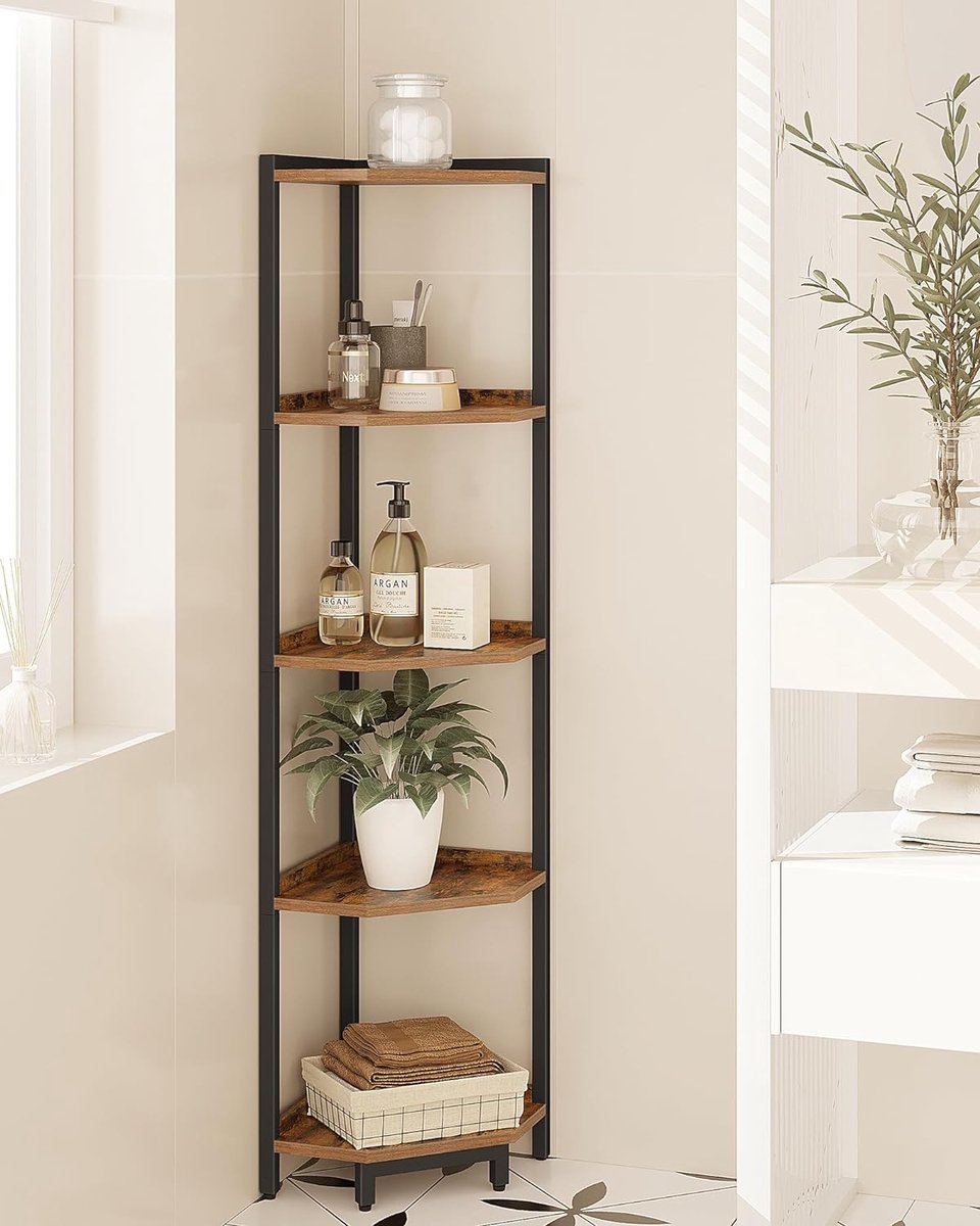 Hoekplankstandaard, 5-laags hoekboekenkast, opbergstandaard met metalen frame, plantenstandaard, hoekboekenkast voor woonkamer, thuiskantoor, rustiek bruin en zwart