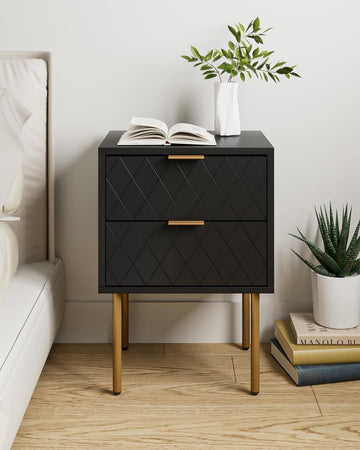 Nachtkastje met 2 lades, modern nachtkastje, Boho nachtkastje voor slaapkamer, woonkamer, zwart en goud