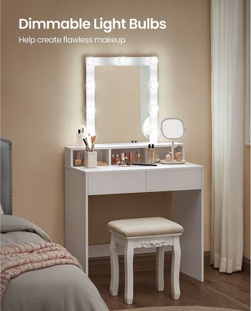 Blinky Kaptafel - Kaptafel met spiegel - make up tafel - make up tafel - kaptafel met spiegel en gloeilampen - met 2 lades en 3 open vakken - Wit