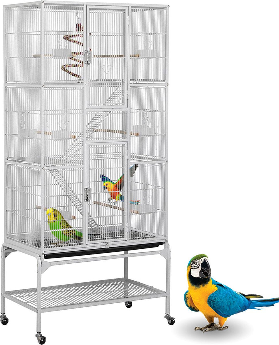 Papegaaienkooi – Parkietenkooi Op Voet & Wieltjes – Grote Vogelkooi Voor Binnen – Voliere – Vogel Speelgoed - Inclusief Accessoires - Vogelkooien – Wit