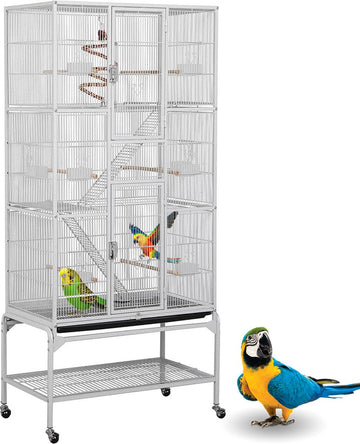 Papegaaienkooi – Parkietenkooi Op Voet & Wieltjes – Grote Vogelkooi Voor Binnen – Voliere – Vogel Speelgoed - Inclusief Accessoires - Vogelkooien – Wit