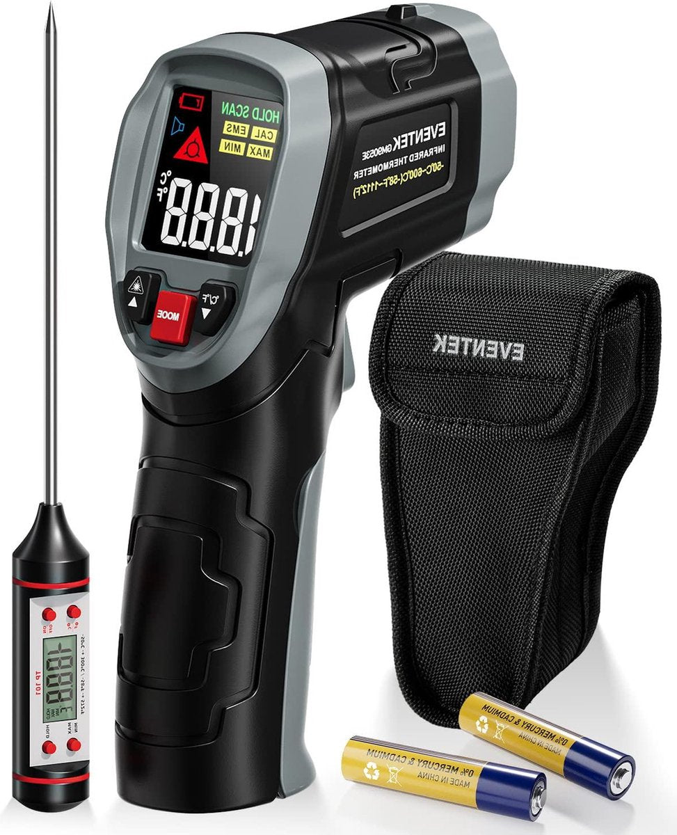 Vleesthermometer Infrarood thermometer -50 °C ~ 600 °C -58 °F ~ 1112 °F contactloze digitale laser temperatuurmeter met vleesthermometer & tas voor keuken-barbecue- BBQ- industrie