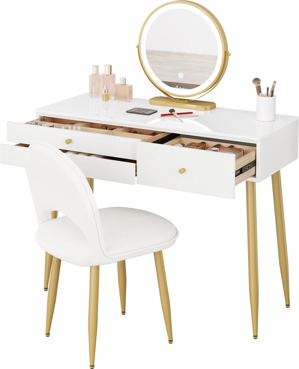 vanBoni Kaptafel Met Spiegel en Verlichting - Make-up tafel - Kaptafel met drie Lades - Fluwelen Kruk - Bureau - Dressoirs - Witgoud - 100x40x122 cm