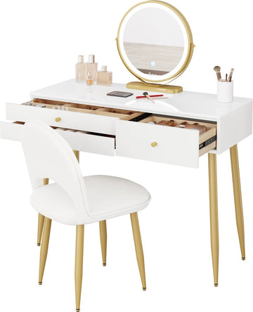 vanBoni Kaptafel Met Spiegel en Verlichting - Make-up tafel - Kaptafel met drie Lades - Fluwelen Kruk - Bureau - Dressoirs - Witgoud - 100x40x122 cm