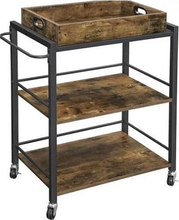 Serveerwagen op wieltjes - Industrieel - Serveerkar - Bar cart - Drank trolley - 3 plateaus bladen - 65x40x86cm