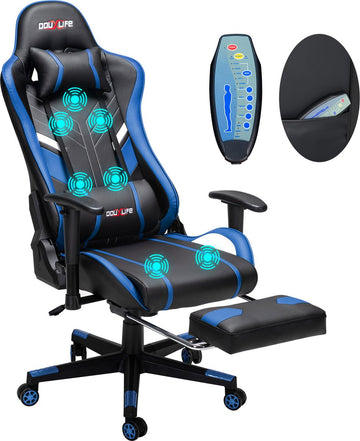 PU Massagestoel met voetenbankje - Ergonomische Gamestoel - 175° - Bureaustoel - Blauw&Zwart
