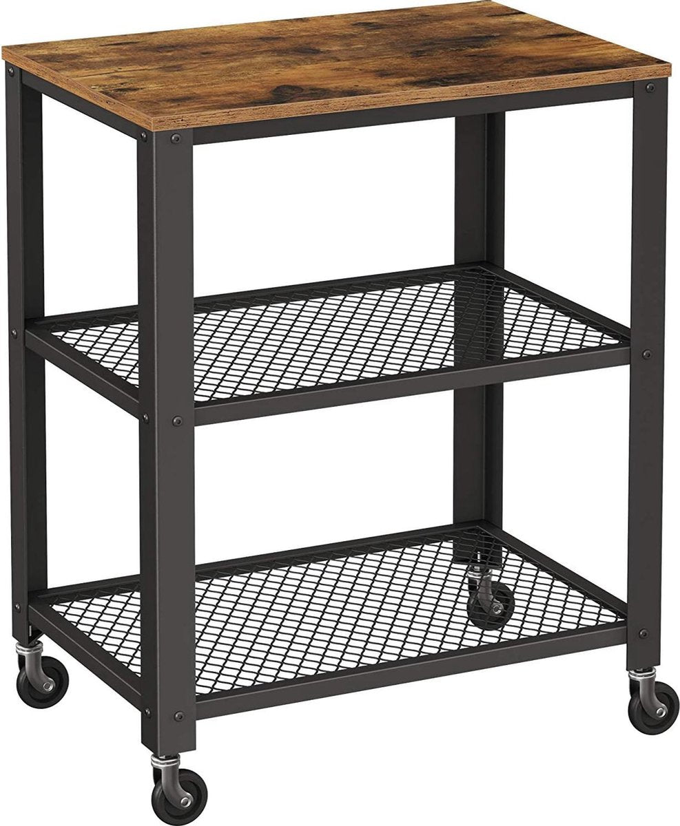 serveerwagen, keukentrolley, trolley, keukenplank op 4 wielen, stalen frame, 3 planken, voor keuken en woonkamer, industrieel design, vintage bruinzwart LRC78X