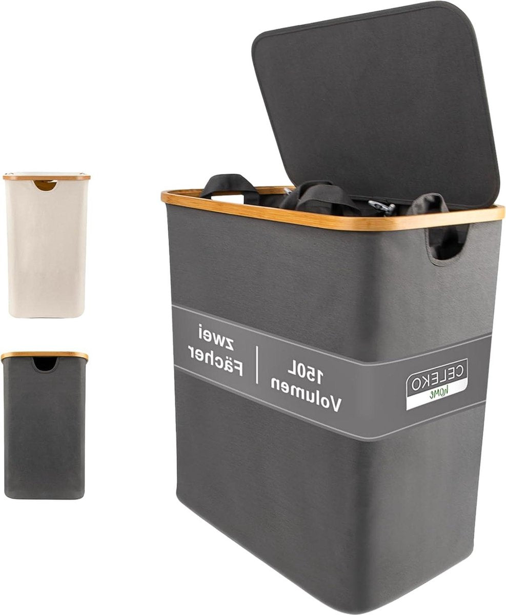 Dark Wasmand met Deksel 2 Vakken 150 Liter Bamboestof Grijs - Groot XXL Wasmand - Donkergrijs Antraciet - Wasverzamelaar - Waspoef - Laundry Basket met Deksel - Wasgoed Sorteerder