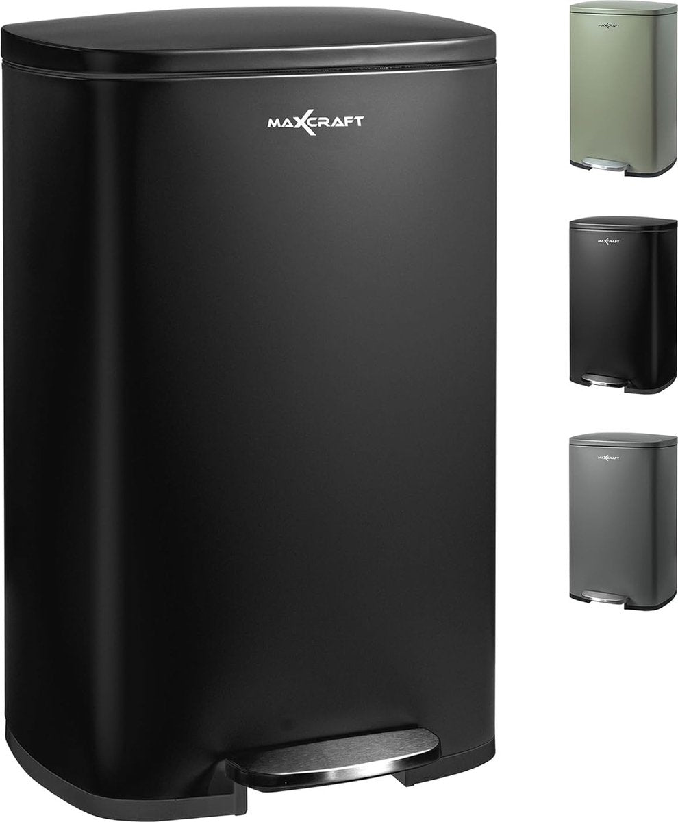 Stalen pedaalemmer met kunststof binnenemmer, zacht sluitend met deksel, voor keuken, badkamer of kantoor, 50 liter in zwart