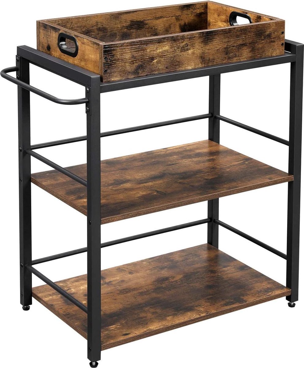 Serveerwagen met afneembaar dienblad - vergrendelbare keukenwagen - metalen frame - 65 x 40 x 86 cm - donker bruin