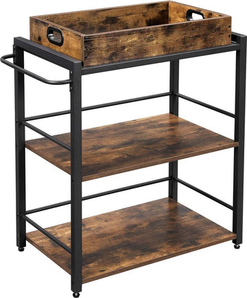Serveerwagen met afneembaar dienblad - vergrendelbare keukenwagen - metalen frame - 65 x 40 x 86 cm - donker bruin