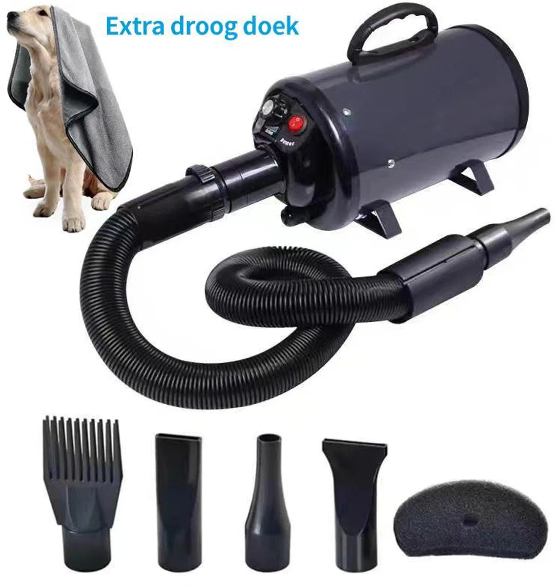 Professionele Hondenföhn met 4 Opzetstukken – Waterblazer voor Honden – Stil Design – krachtig + Extra Filter - NIEUW GRIJS/ANTRACIET