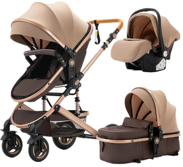 Luxe 3-in-1 Kinderwagen - Wandelwagen - Autostoeltje - Buggy - Inklapbaar - Khaki/Bruin - 0-36 Maanden